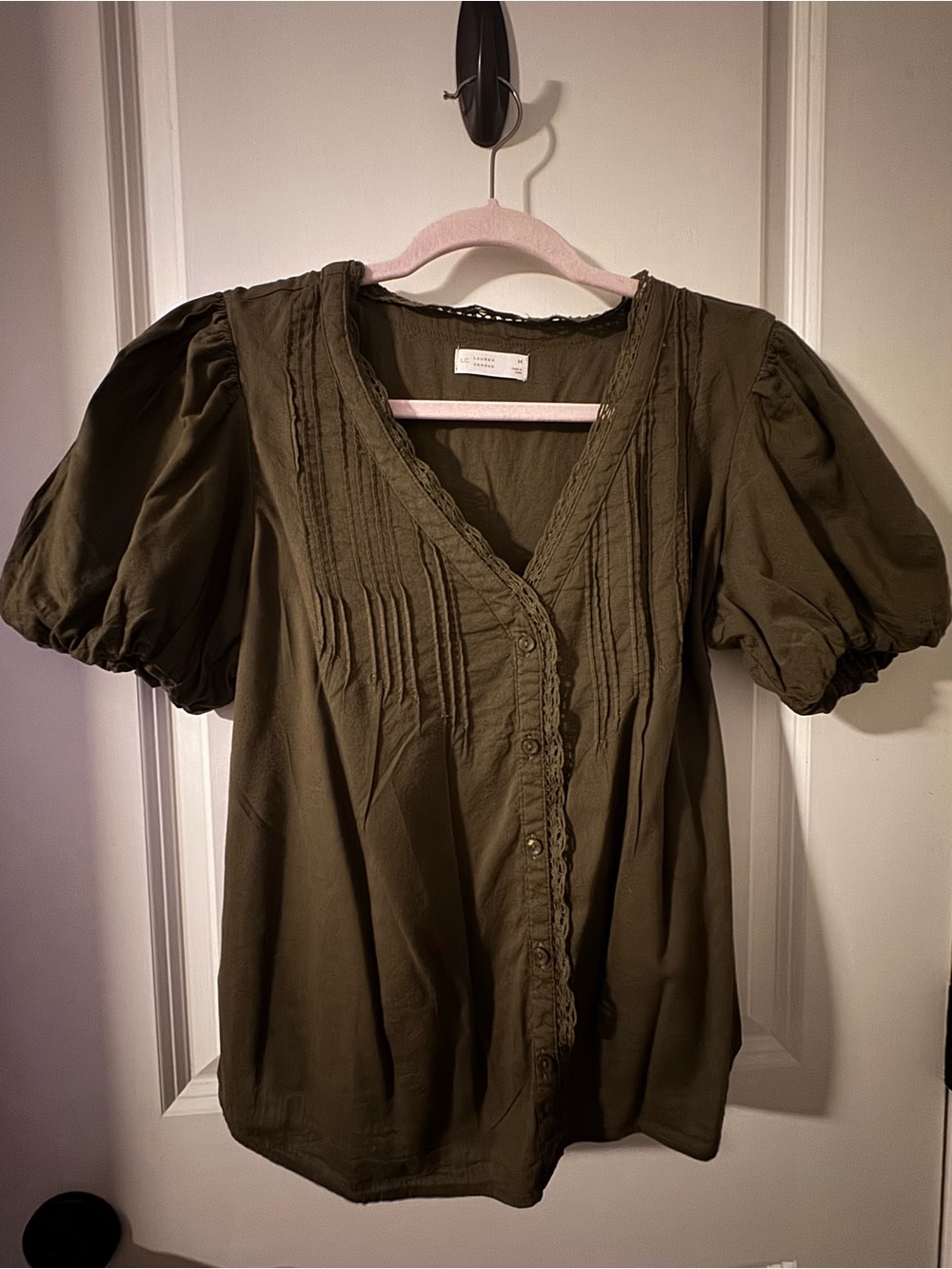 LC Lauren Conrad Olive Puff-Sleeve V-Neck Button Blouse